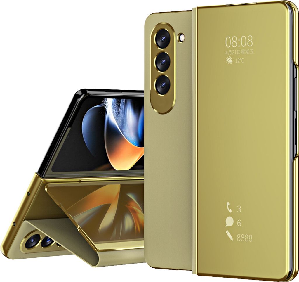 Hülle für Samsung Galaxy Z Fold 5 Lichtdurchlässigen Spiegel Abdeckung, Klappetui Ständer Kunstleder Schutzhülle Gold