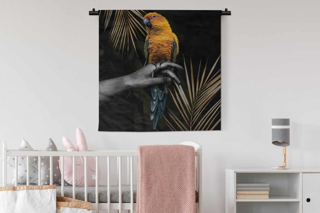 MuchoWow Wandteppich Wandbehang Vogel - Papagei - Hand - Farn 90x90 cm Tapisserie Dekoration Wandtuch - Wandaufhänger