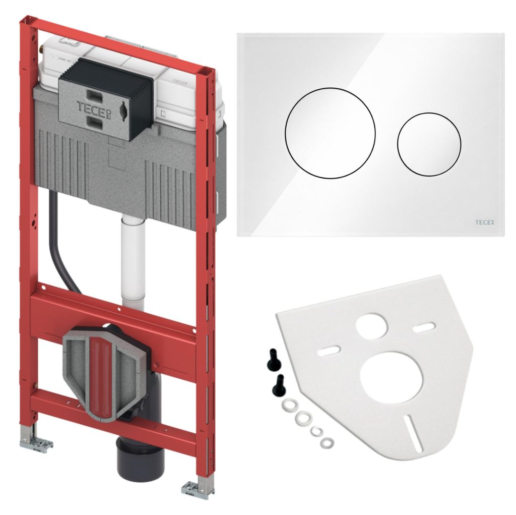 BADfabrik24 TECEprofil WC-Modul 1120 mm mit Uni-Spülkasten + TECEloop WC-Betätigungsplatte Glas weiß Tasten weiß Zweimengentech. + Montageset W...