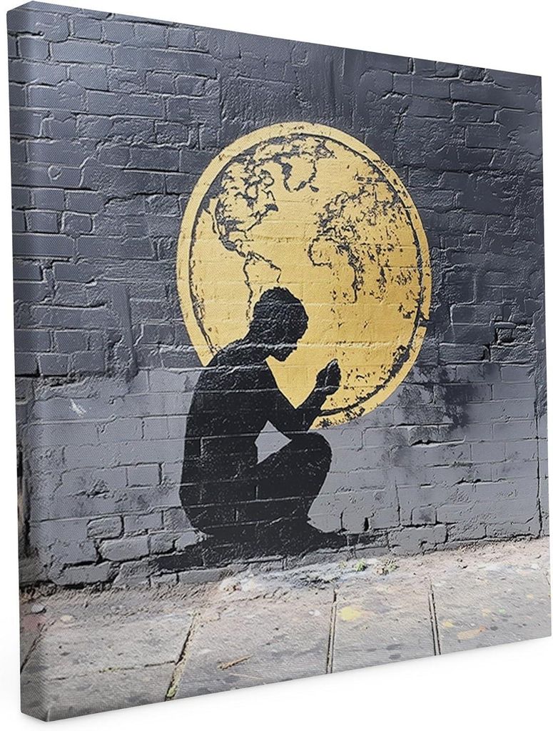 Banksy Motiv - Goldene Welt - 20 x 20 cm - Wandbild auf Leinwand - matter Kunstdruck - Graffiti - Street Art - 2cm Holzrahmen - Keilrahmen bedruckt
