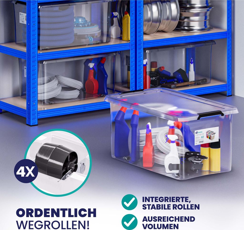DEUBA® Aufbewahrungsboxen 6 x 60l mit Deckel und Rollen, Produktbild 3
