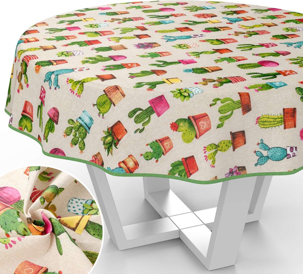 Tischdecke Kaktus mit Blumen Botanik aus Stoff Tischwäsche mit Beschichtung Tischtuch Aquarell Bunt Rund 140cm mit Paspelband