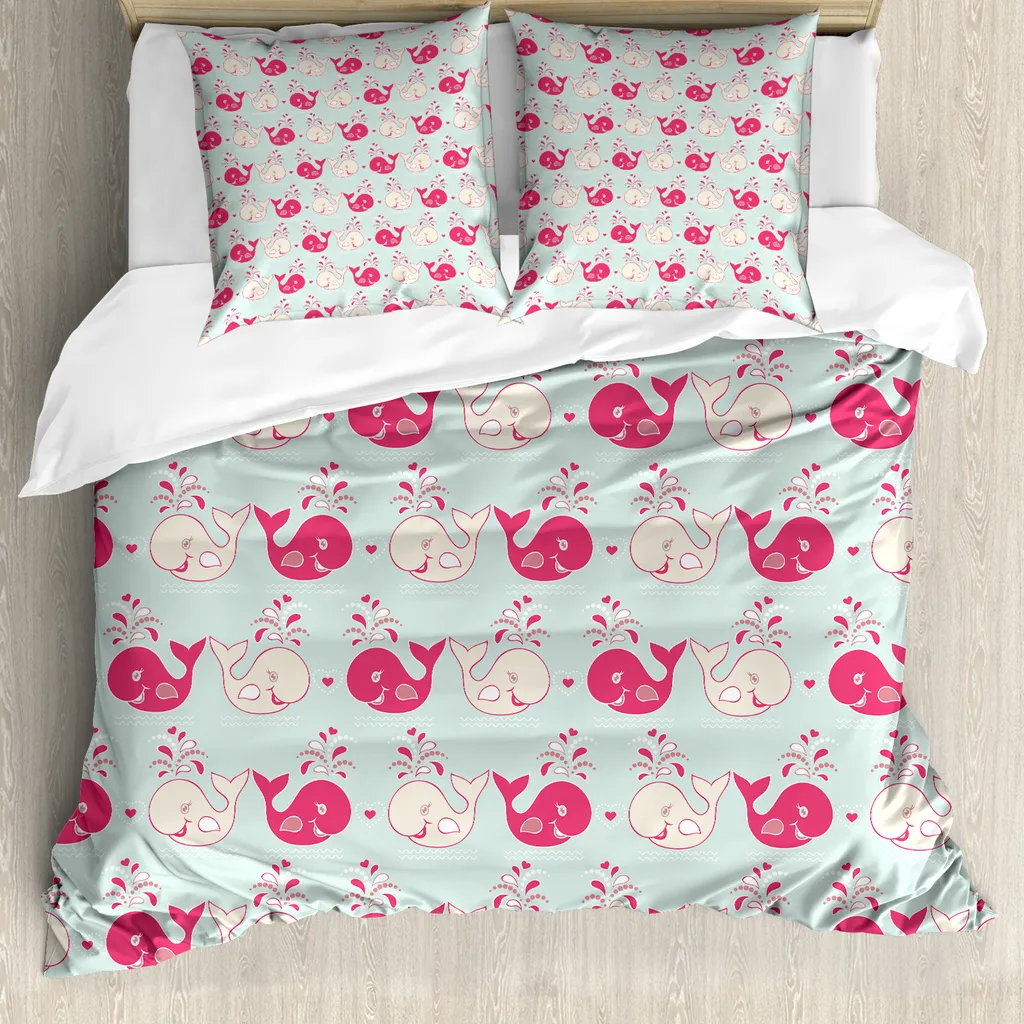 ABAKUHAUS Copripiumino Wal, motivo balene felici, antiacaro, adatto a chi soffre di allergie, con federe, 155 cm x 220 cm - 80 x 80 cm, menta rosa pesca