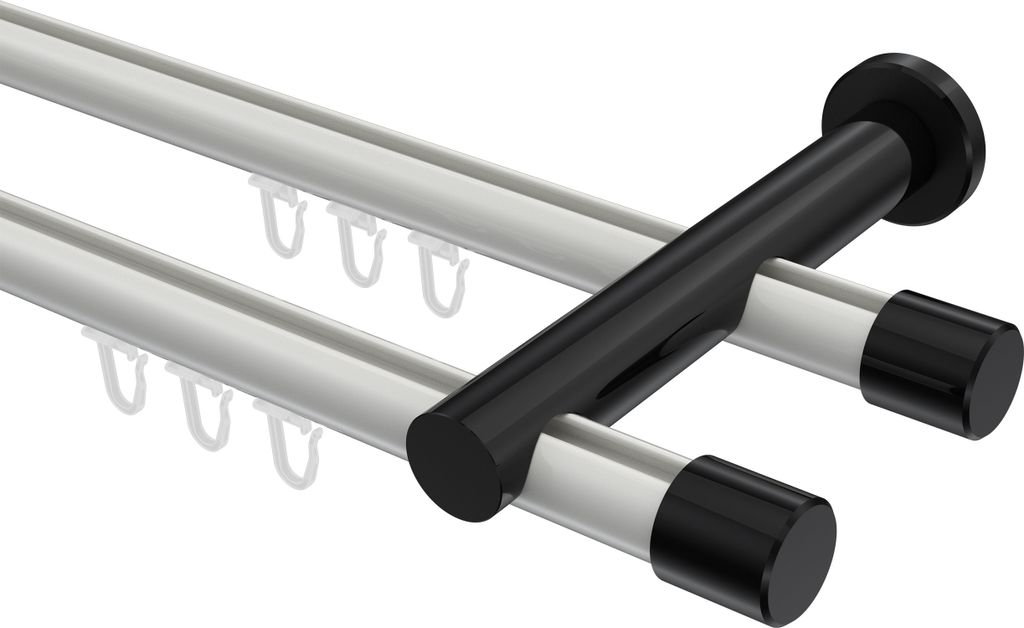 Interdeco Innenlaufstange / Gardinenstange mit Innenlauf Weiß / Schwarz, Typ Platon Santo (Kappe), 20 mm Ø 2-läufig, 240 cm