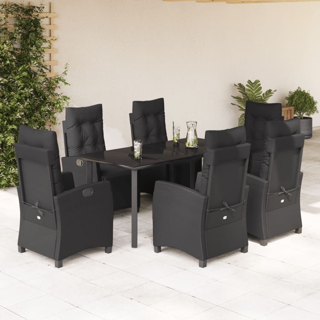 Design 7-tlg. Garten-Essgruppe mit Kissen Schwarz Poly Rattan, Gartenmöbel-Sets 2024 Neu
