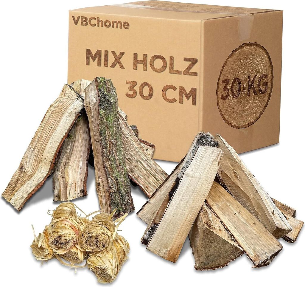 VBChome Brennholz aus Hartholz Menge 30 kg Holz Eiche Espe Birke Holzscheite 30cm Getrocknetes Holz Kaminholz Lagerfeuer und Ofen Kaminöfen Feuerholz