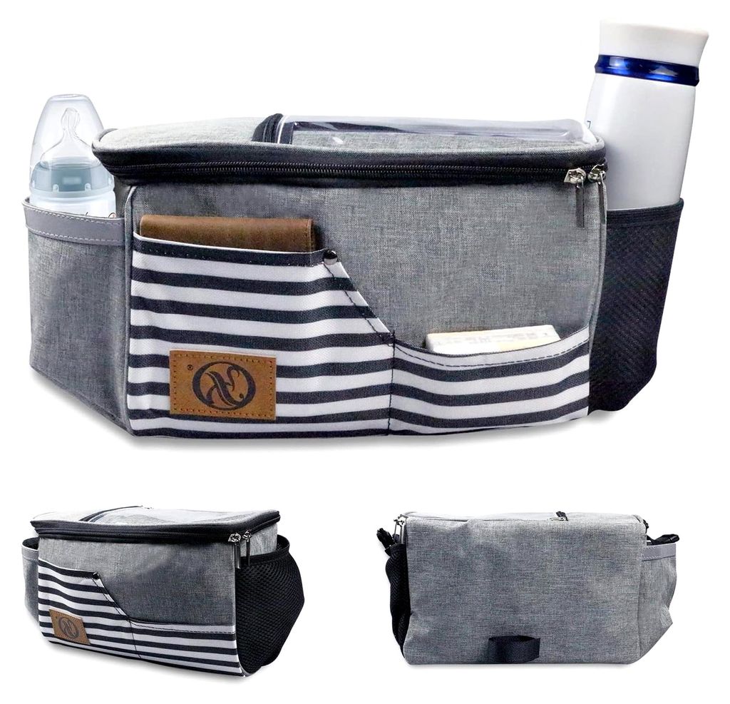 Organizer für Kinderwagen mit Becherhalter, Schultergurt und Stauraum für Windeln und Handys, Zubehör für Buggy und Kinderwagen mit Reißversch...
