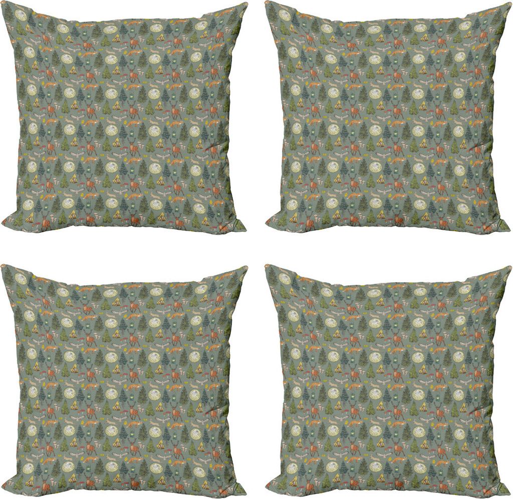 ABAKUHAUS magic Moon Kissenbezug Set (4 Stück), Nacht im Wald Bäume, Moderner Doppelseitiger Digitaldruck, 40 cm x 40 cm, Resedagrün Multicolor
