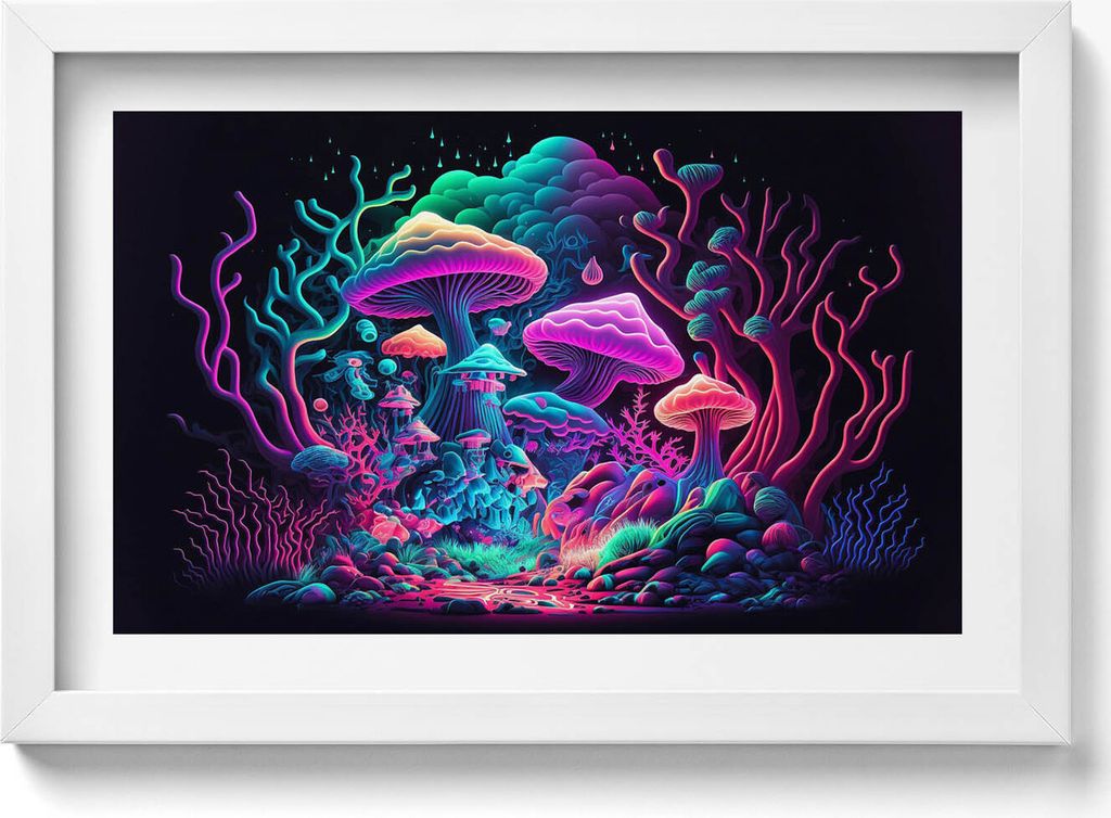Neon-Pilze– Wandbild mit Rahmen – Gerahmtes Bild – Wanddekoration – 30x20 cm – Weiß Rahmen