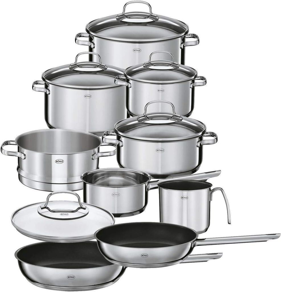 RÖSLE Topf-Set ELEGANCE Topfset+Glasdeckel&Innenskalierung,spülmaschinengeeignet, Cromargan Edelstahl Rostfrei 18/10 (Töpfeset, Induktionstöpfe)