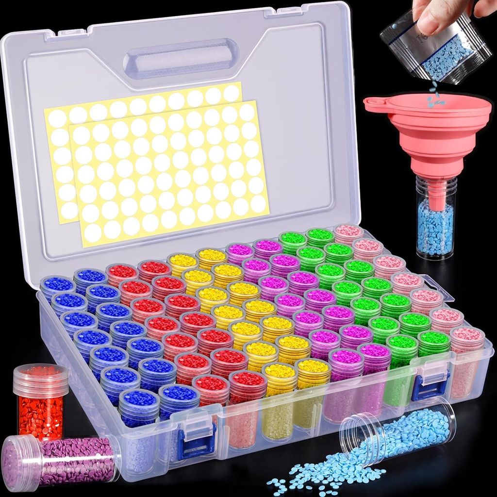 Diamond Painting Zubehör - Aufbewahrungsbox 80 Stück Diamantmalerei - 5D Diamantmalerei - Rosa Trichter - Aufkleber - Sortierboxen - Kleine Teile...