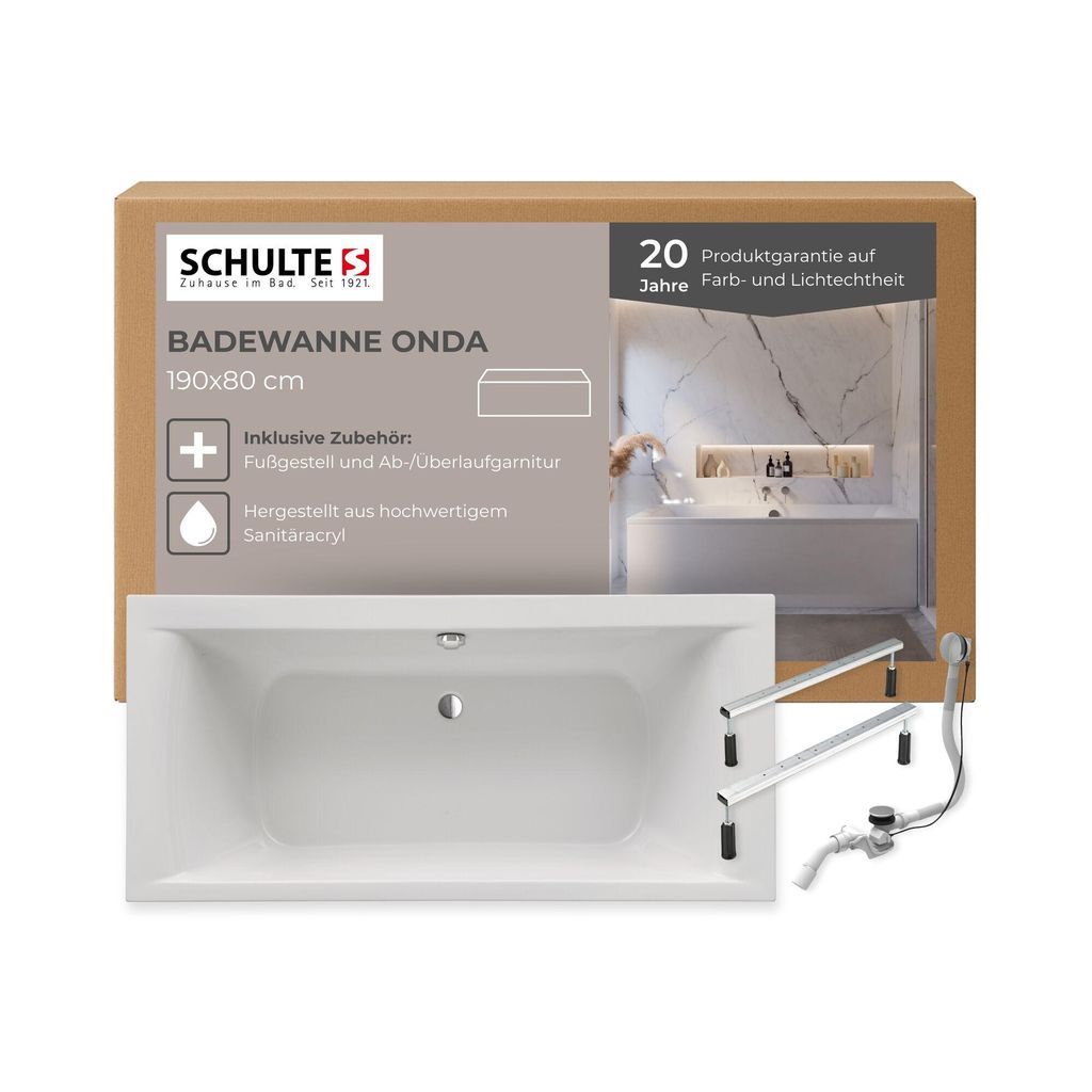 A product box for a bathtub, showing the bathtub itself and some of its features and specifications.