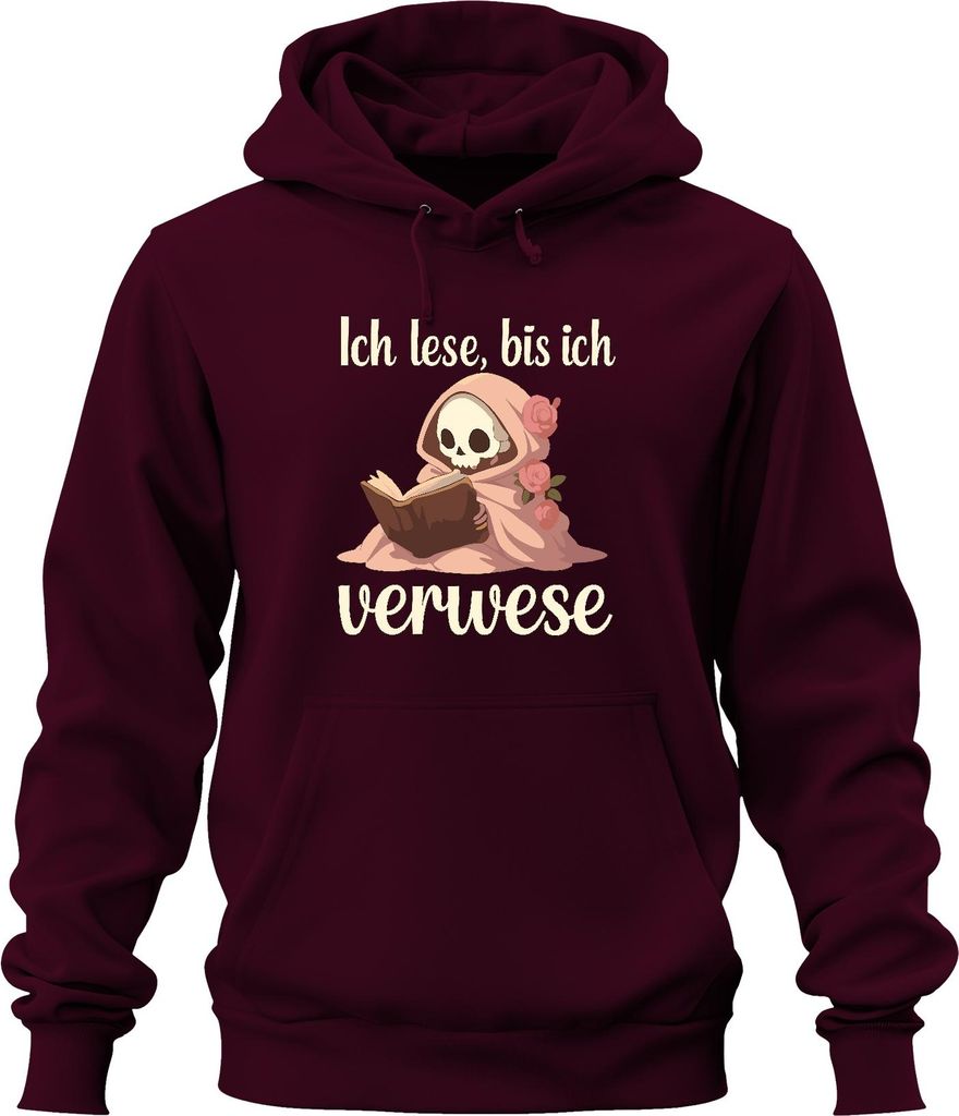 Ich lese bis ich verwese Buchwurm Leseratte Skelett Halloween Geist Uni Hoodie Kapuzenpullover, Burgundy, M