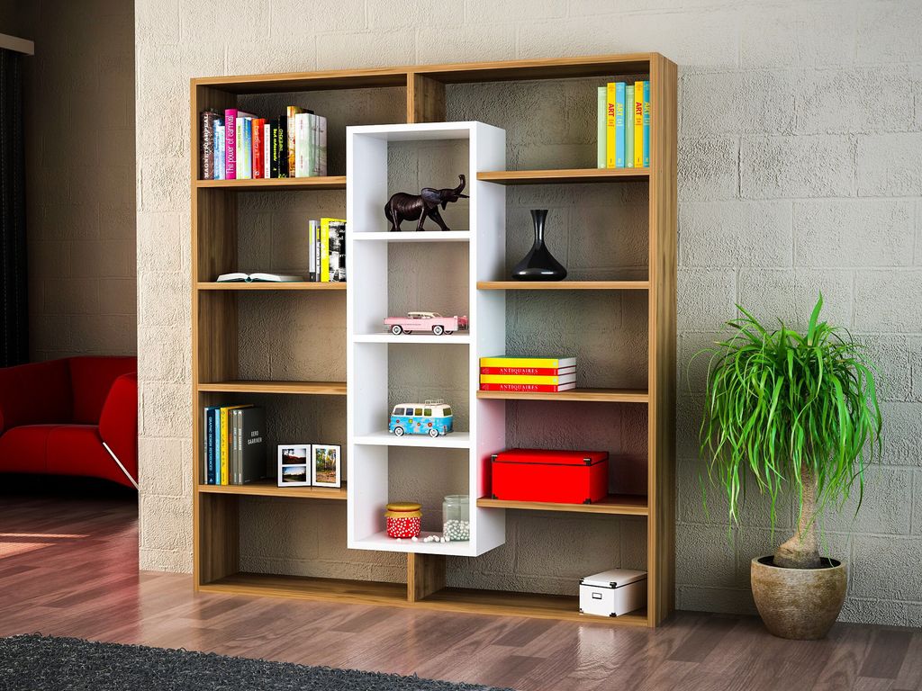 Skye Decor, Ample - Walnut, White, Bücherregal, Nussbaum, 100% MELAMINBESCHICHTETE SPANNPLATTE, 125 x 22 x 135,7 cm