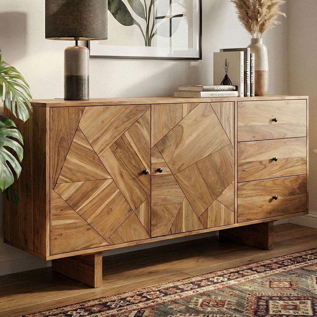 FineBuy Design Sideboard Akazie Massivholz 150 cm mit 2 Türen & 3 Schubladen - Massive Holz Kommode handgefertigt - Echtholz Landhaus Anrichte