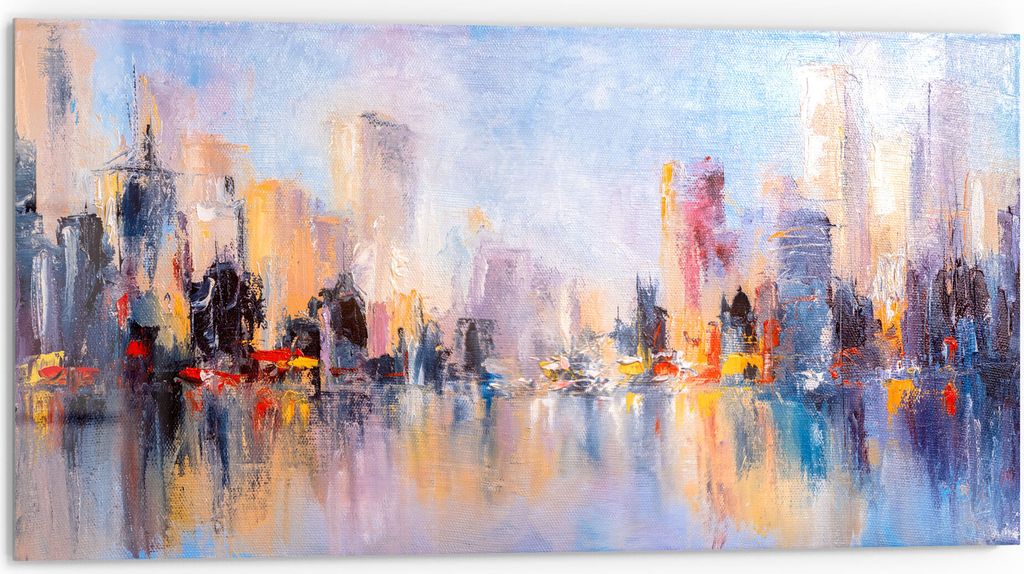 DEQORI Küchenrückwand Glas 80x40 cm 'Wolkenkratzer am Wasser' Spritzschutz Bad Rückwand