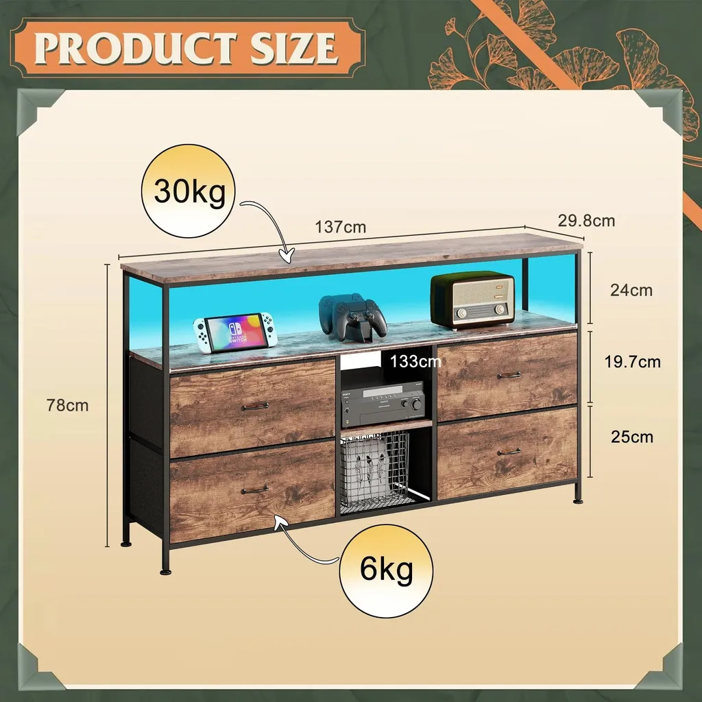 Meuble TV LED multicolore réglable style rétro marron rustique 137 cm