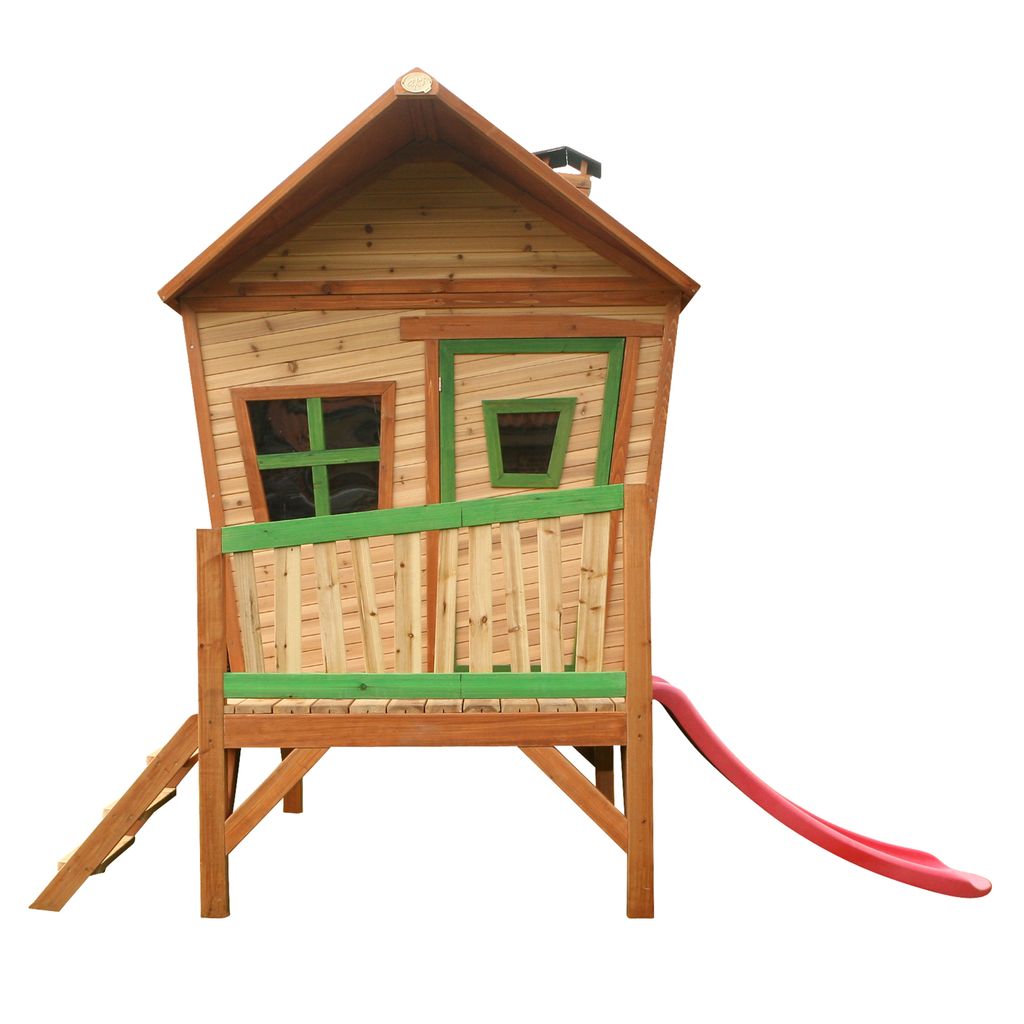 AXI Spielhaus Iris mit roter Rutsche | Stelzenhaus in Braun & Grün aus Holz für Kinder | Spielturm für den Garten