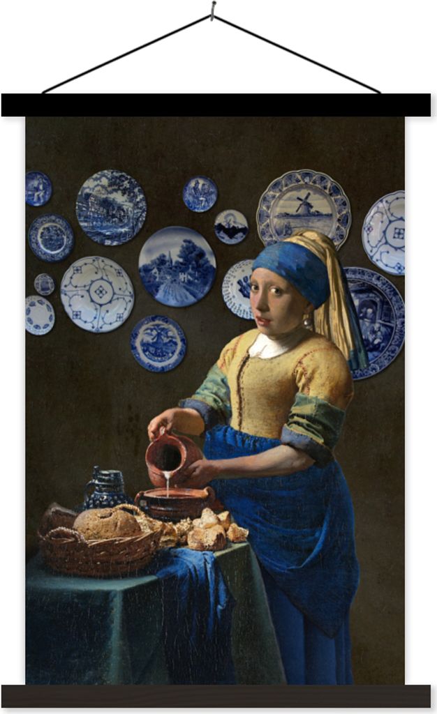 MuchoWow Textilposter Milchmädchen - Mädchen mit Perlenohrring - Delfter Blau 120x180 cm mit schwarzem Rahmen - Fotos