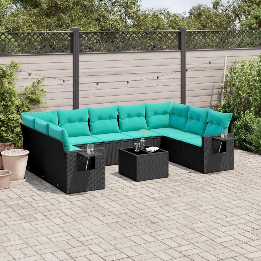 Möbel 10-teiliges Gartensofa-Set mit Kissen, schwarzes Polyrattan - Gartenmöbelgarnituren CC3920