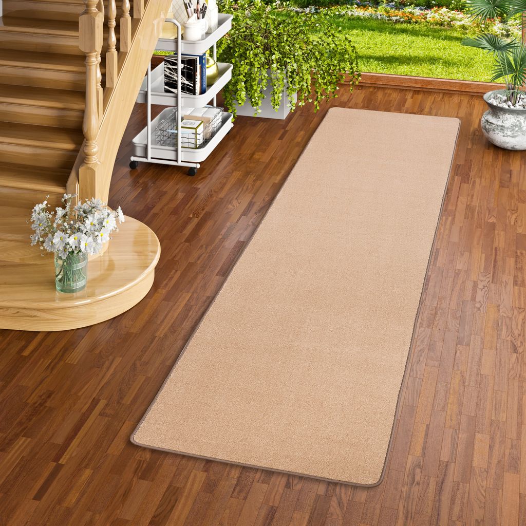 Trend Velours Teppich Läufer Kurzflor Modern Pflegeleicht Einfarbig, Größe:100x200 cm, Farbe:Karamell