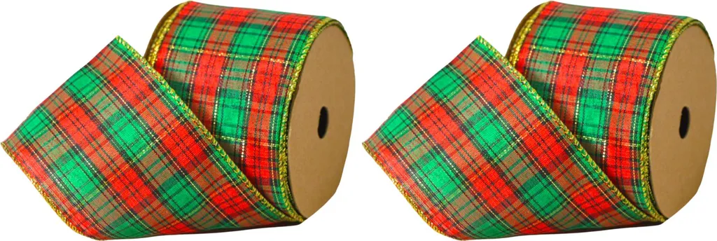 Set de 2 rubans à carreaux bord doré 6 cm x 2,7 m pour décoration Noël