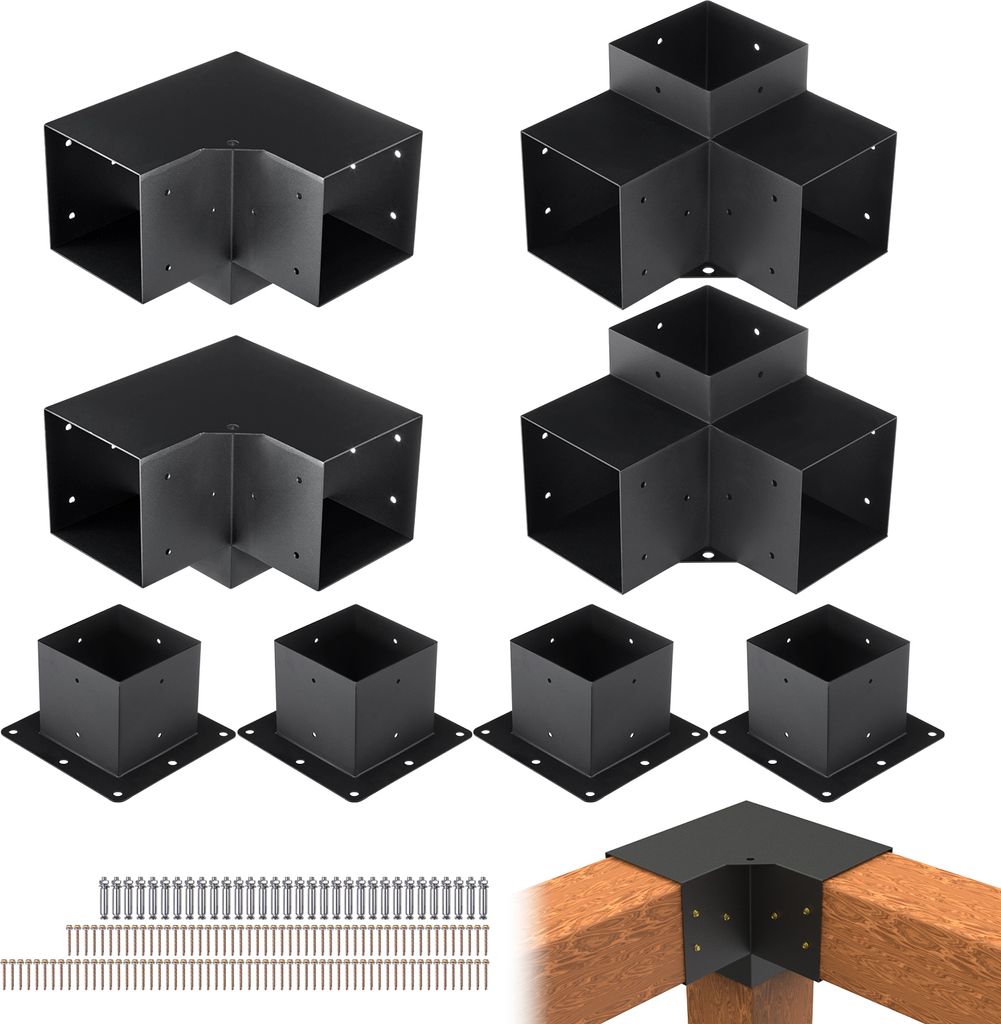 VEVOR Pergola-Halterungs-Set 152,4 x 152,4 mm, 8 Stück, 3-Wege-Hochleistungs-Eckwinkel, Holzarbeiten, DIY-Pfostensockel, einfache Installation, Ho...