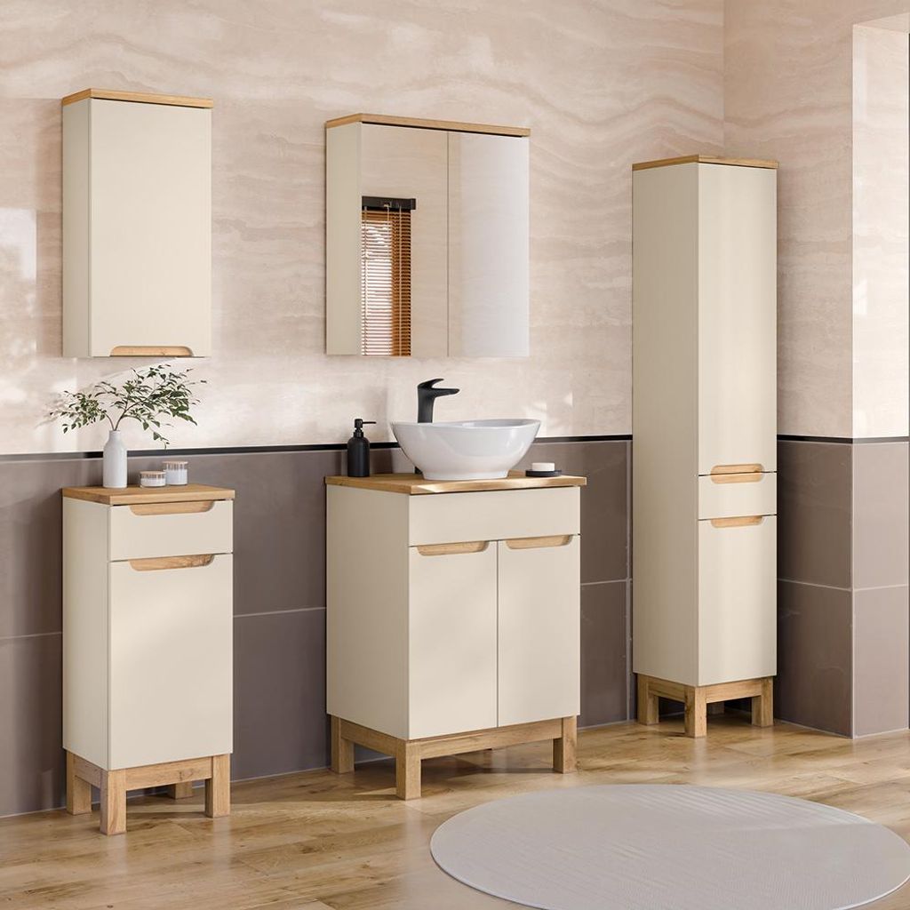 Badmöbel-Set 5-teilig mit 60 cm Waschtisch & Spiegelschrank in kaschmir und Eiche mit Baumkantenoptik, modern grifflos - SOLNA-56-CASHMERE