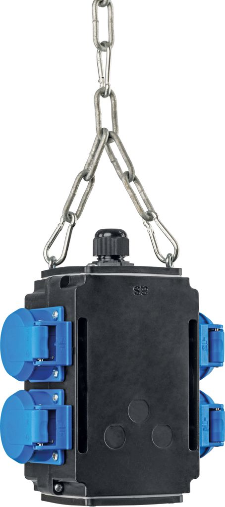 A black power distribution box with blue outlets, suspended by a metal chain.