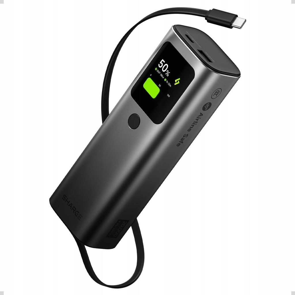 SHARGE Retractable 165 Powerbank 20000 mAh mit integriertem USB-C Kabel 165W PD Schnellladung