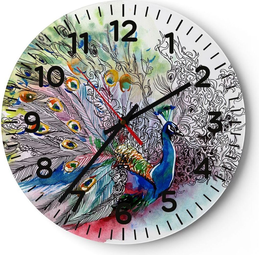 Wanduhr - Rund - Glasuhr - Pfau Feder Farbe - 40x40cm - Schleichendes Uhrwerk - Lautlos - zum Aufhängen bereit - Dekoration Modern - Wanddekoratio...