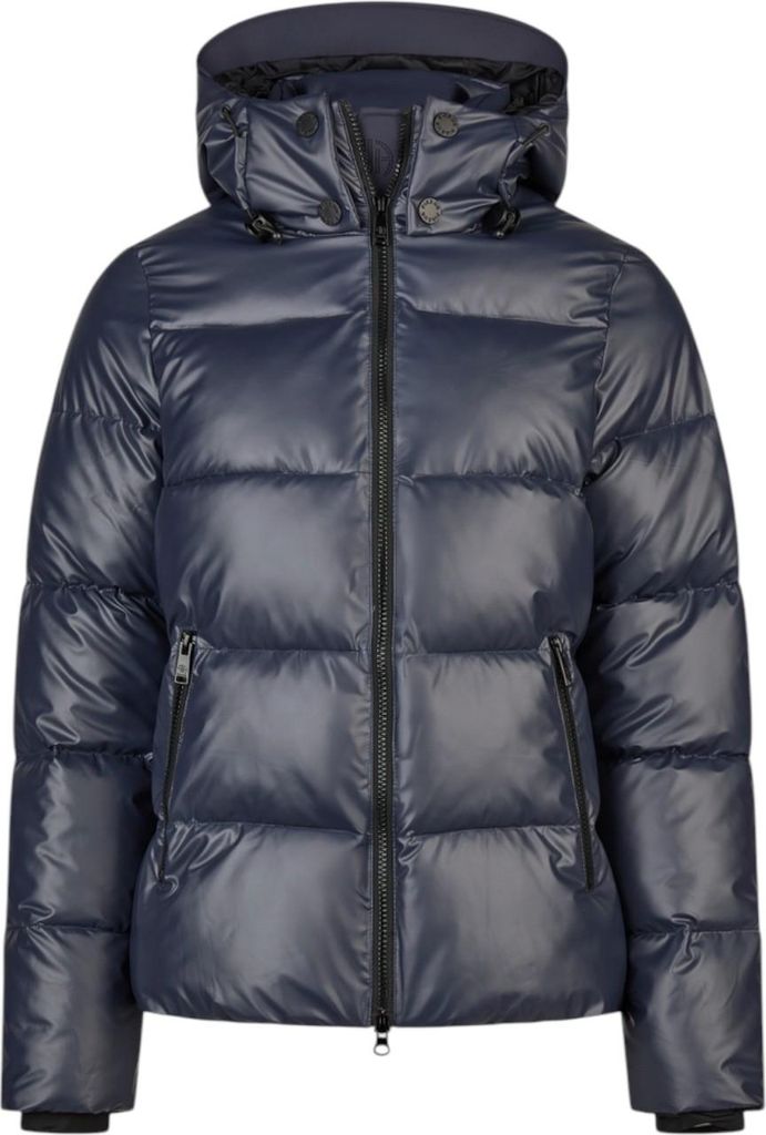 A studio shot of a navy blue puffer jacket.