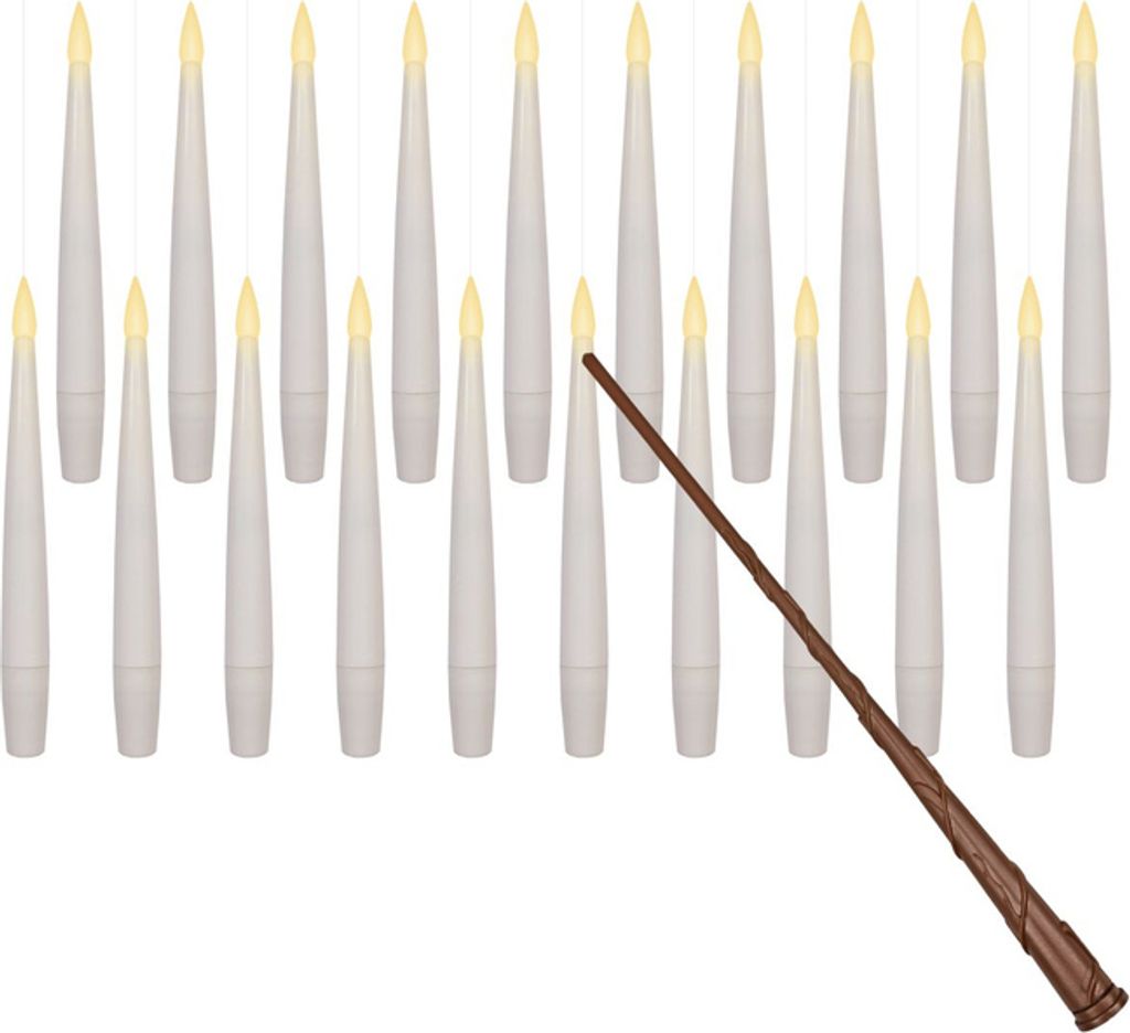 A collection of LED candles and a wand arranged on a white background.