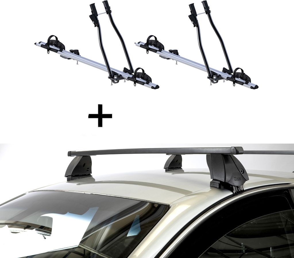 2x Fahrradträger SAGITTAR + Dachträger K1 MEDIUM kompatibel mit für Nissan Micra (K13) (5Türer) 10-17