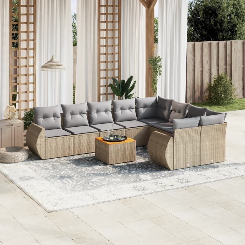 Design 10-tlg. Garten-Sofagarnitur mit Kissen Beige Poly Rattan, Gartenmöbel-Sets 2024 Neu
