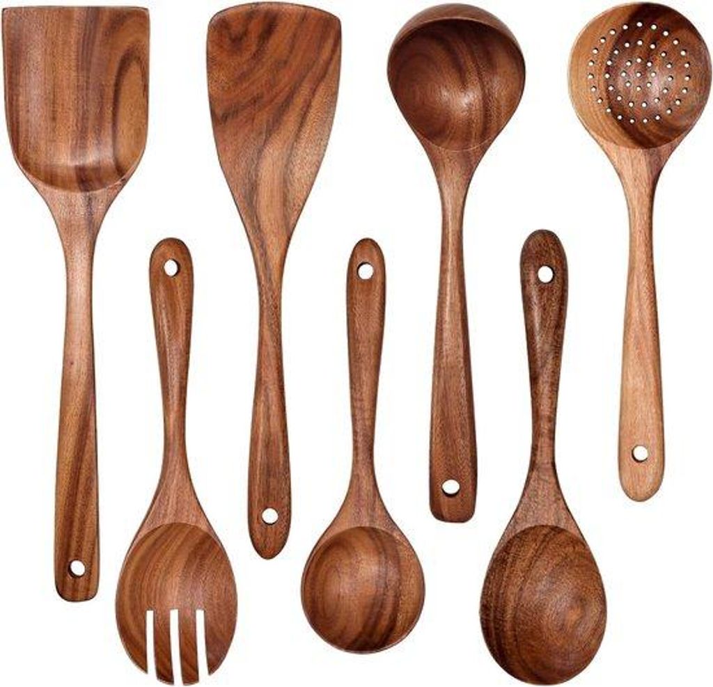 Holz-Antibacken-Sets aus Teakholz, 7-teilig, mit Spatel, Holzkochlöffel, Bratpfannenspatel und Salatgabel