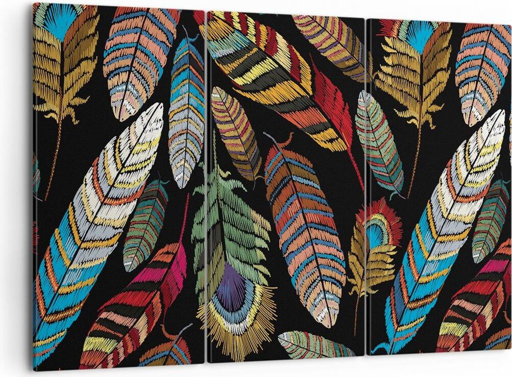 Bild auf Leinwand - Leinwandbild - 3 Teile - Federn Bunt Stickerei - 105x70cm - Wand Bild - Wanddeko - Wandbilder - Leinwanddruck - Bilder - Wandde...