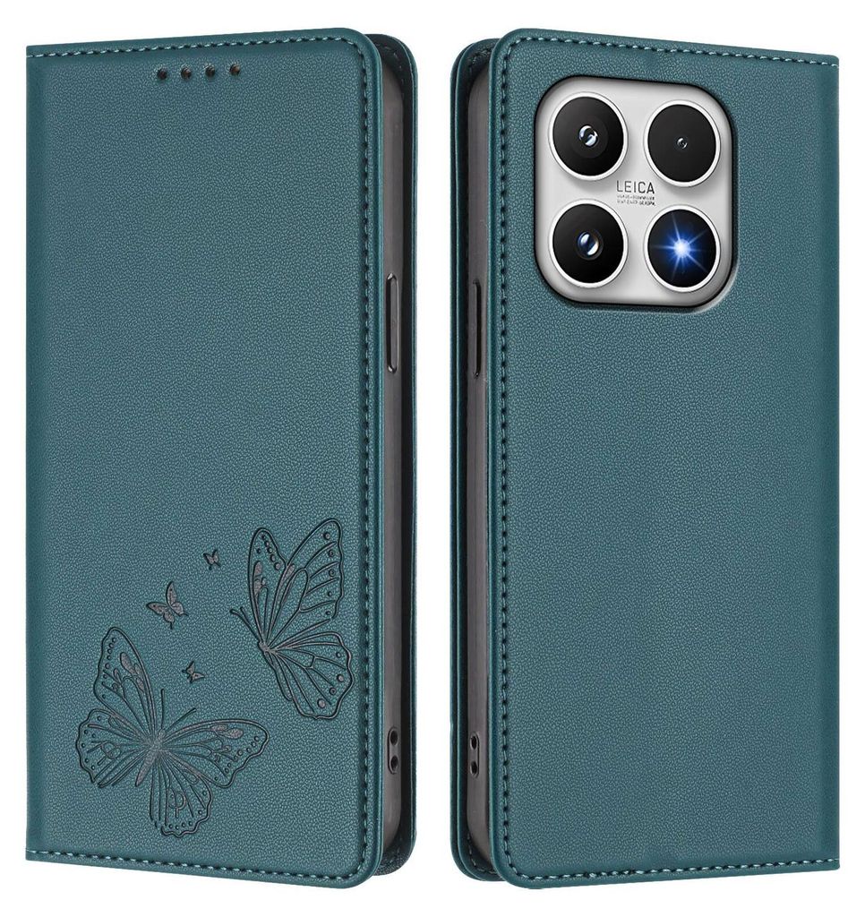 Lederhülle für Xiaomi 17, Schmetterling Prägung Leder Brieftasche Schutzhülle mit Ständer Grün