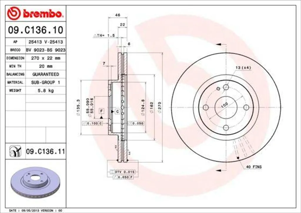 Disque de frein haute teneur en carbone Brembo 09.C136.11 Mazda NB
