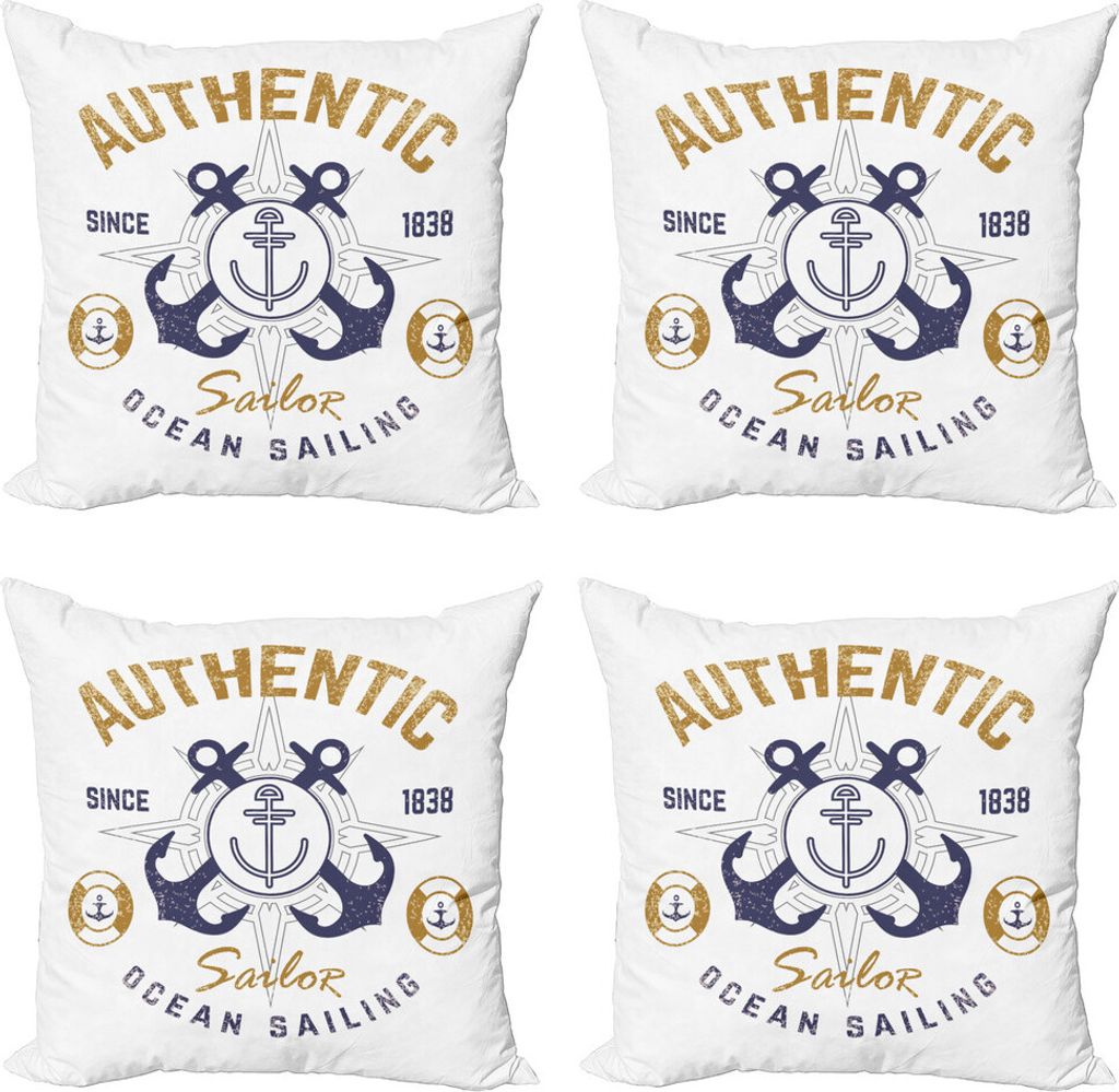 ABAKUHAUS Anker Kissenbezug Set (4 Stück), Lifeboy Rudder Kapitän, Moderner Doppelseitiger Digitaldruck, 45 cm x 45 cm, Blassbraun Blau Weiß