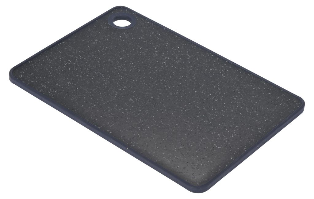 A dark gray speckled cutting board with a hole in the corner for hanging.