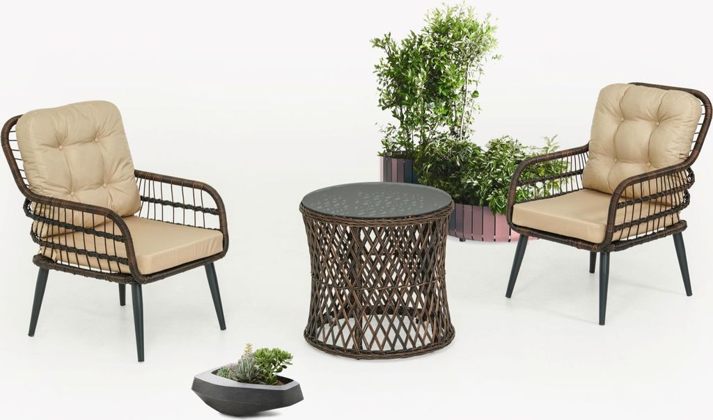 Capri Swing Gartenmöbel Set Rattan Gartentisch und Gartenstühle, 2 Personen Bistroset, Balkonmöbel Set, Garten Lounge, Pisa (Braun)