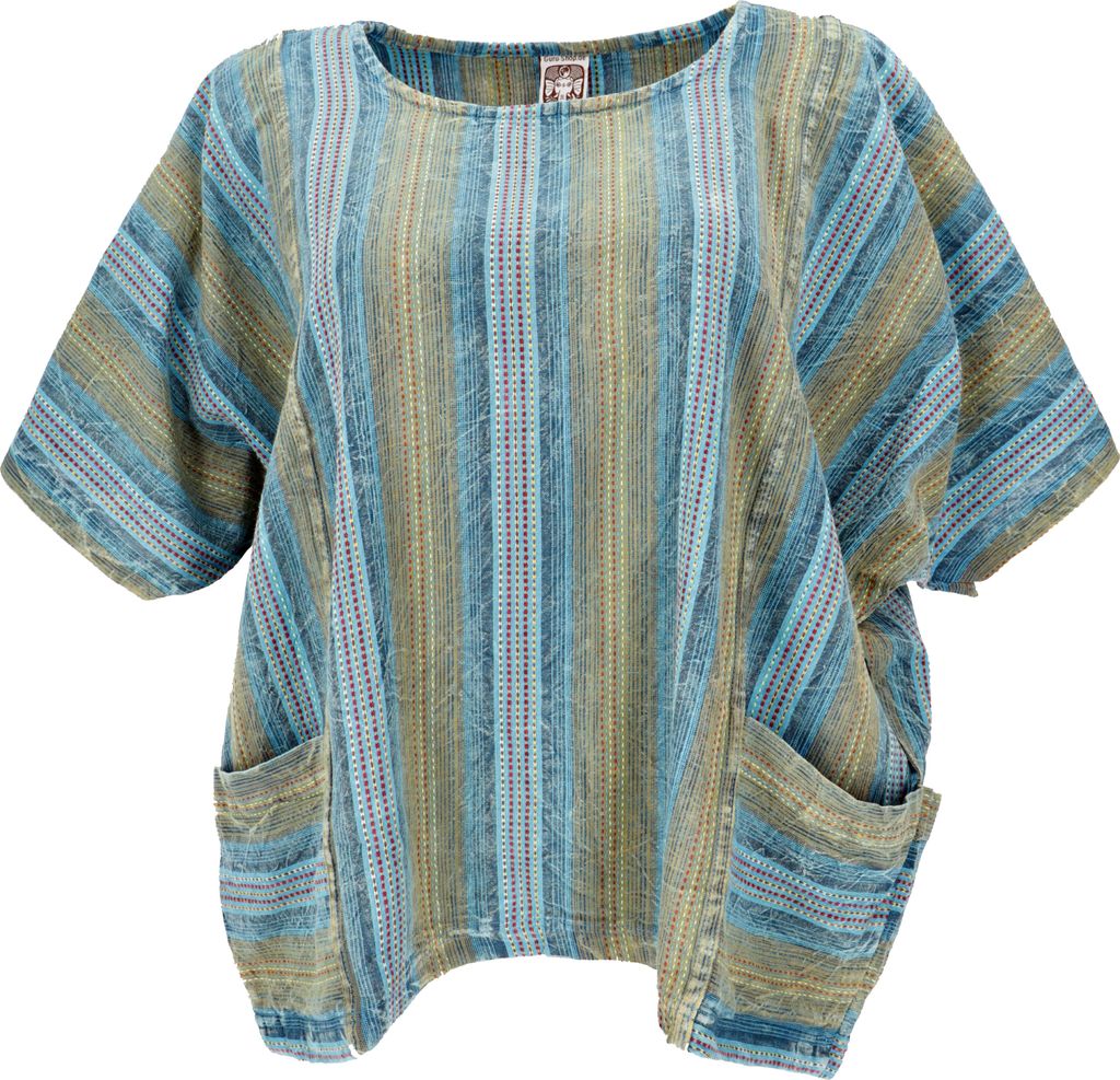Weites Boho Blusentop mit Fledermausärmeln, Maxibluse für Starke Frauen - Türkis/grün, Damen, Blau, Baumwolle, Blusen & Tunikas