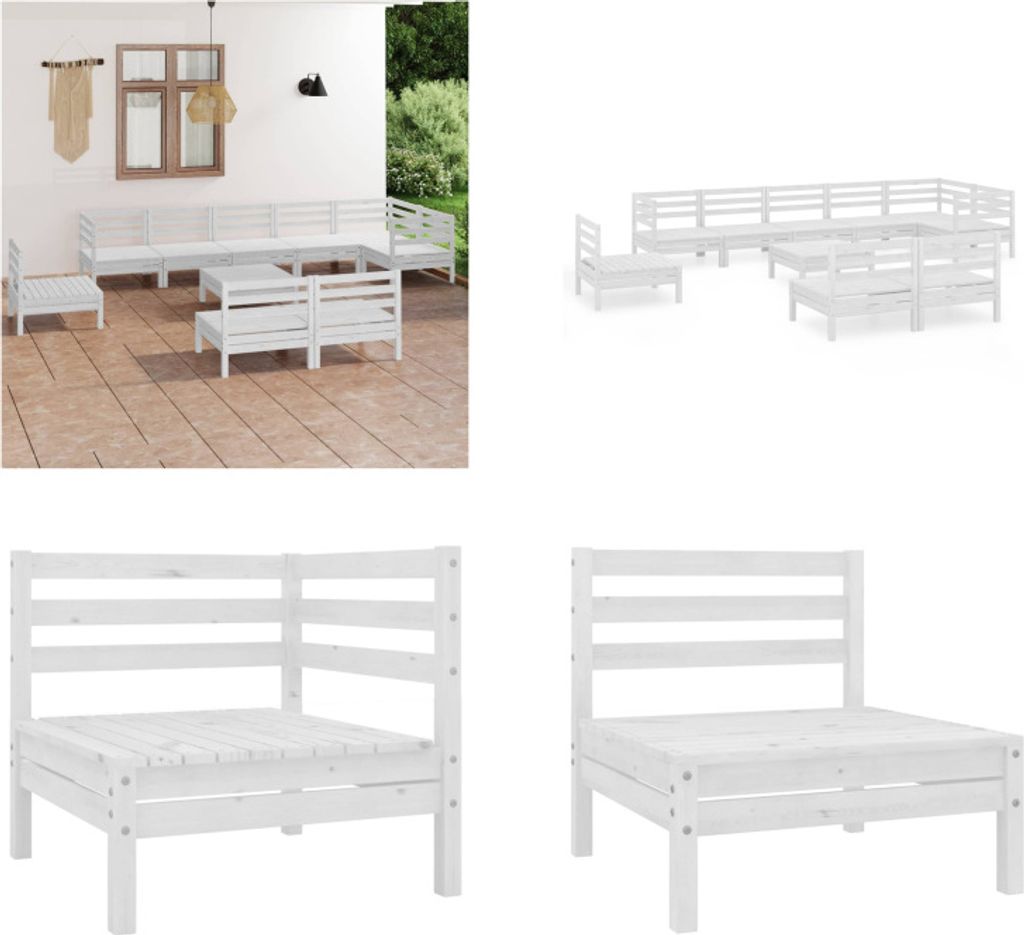 vidaXL 10 tlg. Garten Lounge Set Massivholz Kiefer Weiß - Garten-Lounge-Set - Garten-Lounge-Sets - Palettensofa-Set - Palettensofa-Sets