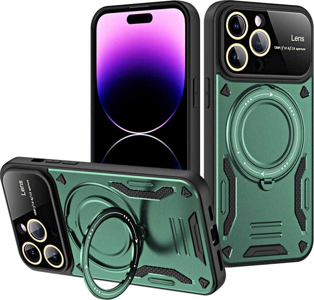 Rüstung Handyhülle für iPhone 14 Pro Dual-Layer Magnetisches Ringhalter Ständer Magsafe Hülle Grün