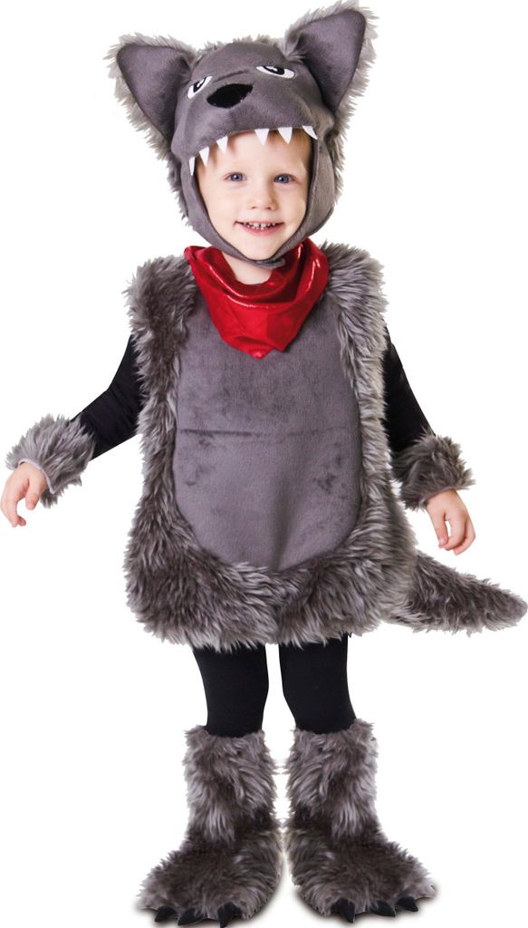 A child wearing a wolf costume.