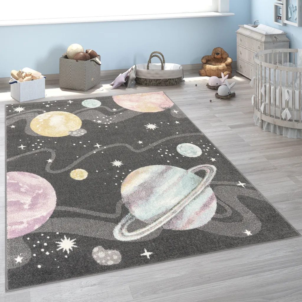 Tapis chambre d'enfant garçon ou fille motif galaxie gris 120x160cm