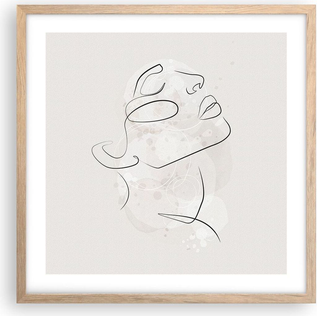 Gerahmtes Poster - Rahmen in heller Eiche - Gesicht Linie Skizze - 50x50 cm - Wand Bild - Wanddeko - Wandbilder - Kunstposter - Wandposter - Bilder...