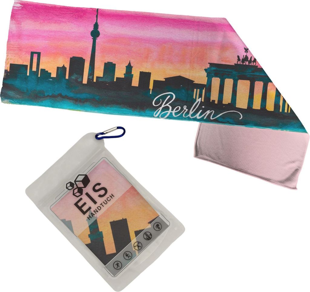 Aquarell Berliner Skyline Eishandtuch XL mit Berlin Schriftzug