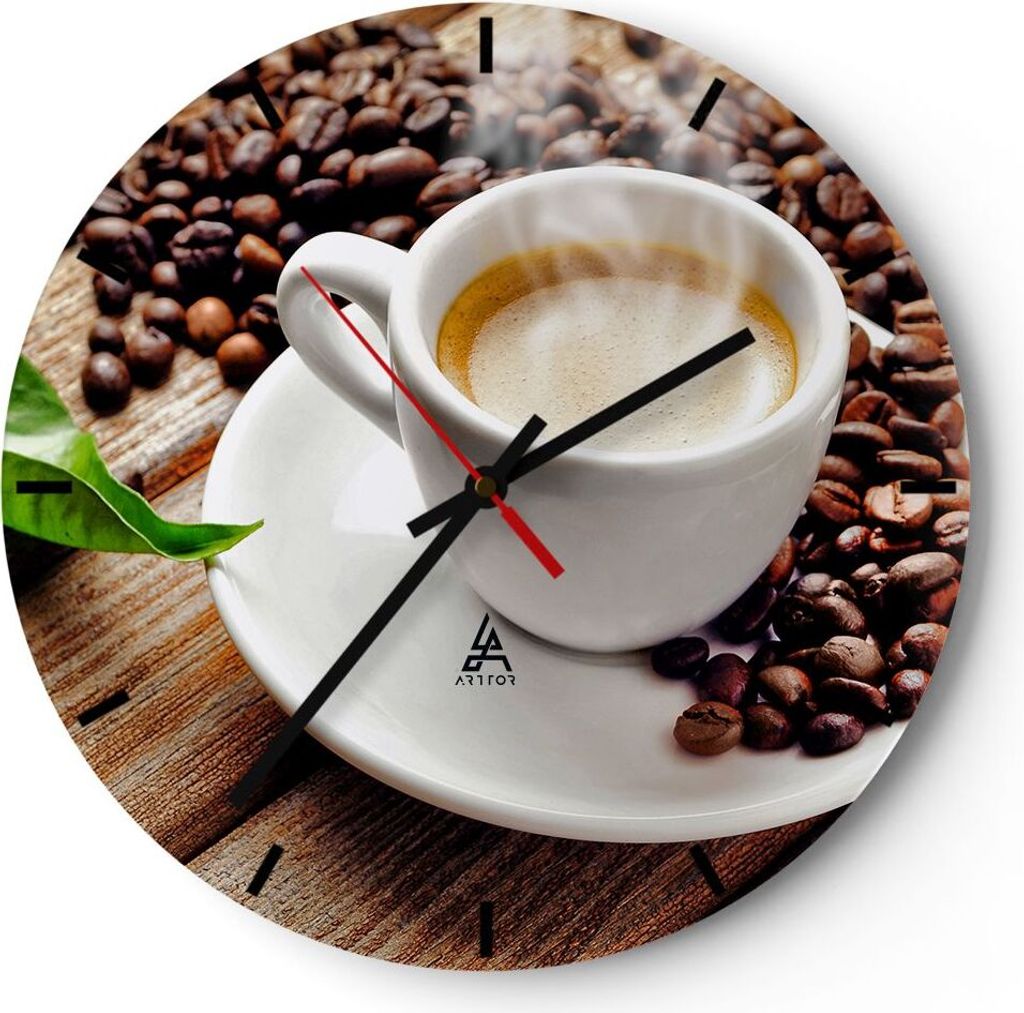 Wanduhr - Rund - Glasuhr - Kaffee Tasse Espresso heiß - 40x40cm - Schleichendes Uhrwerk - Lautlos - zum Aufhängen bereit - Dekoration Modern - Wa...
